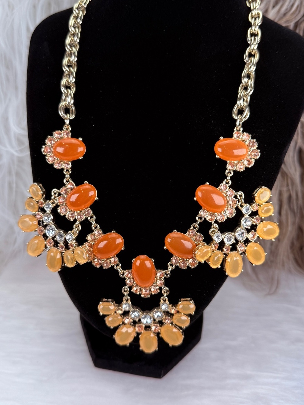 J.Crew Orange Yellow Bib Statement Necklace Cabochon Fringe Chunky Chain